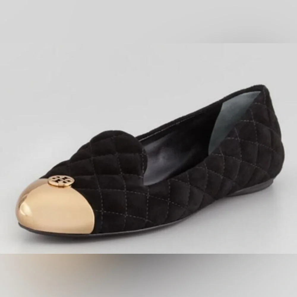 Tory Burch Womens Kaitlin Quilted Suede Smoking Slipper Flat Black-Bronze Size 7